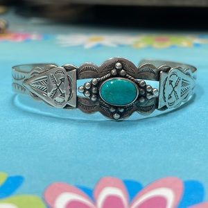 Sterling Silver Native American Cuff with Oval Turquoise Detail